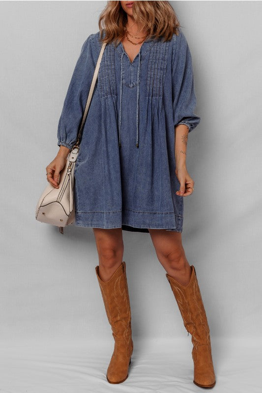 Pleated Denim Mini Dress
