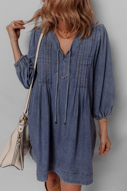 Pleated Denim Mini Dress