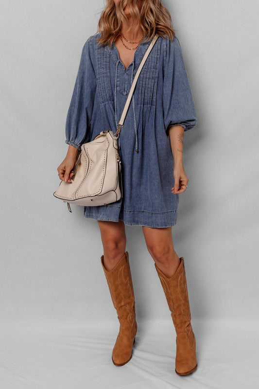 Pleated Denim Mini Dress