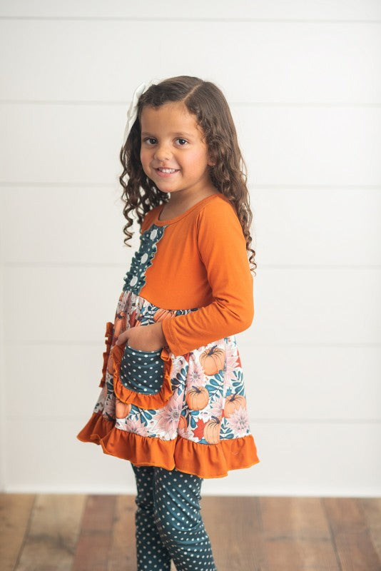 Girls Pumpkin Ruffle Polka Dot Set
