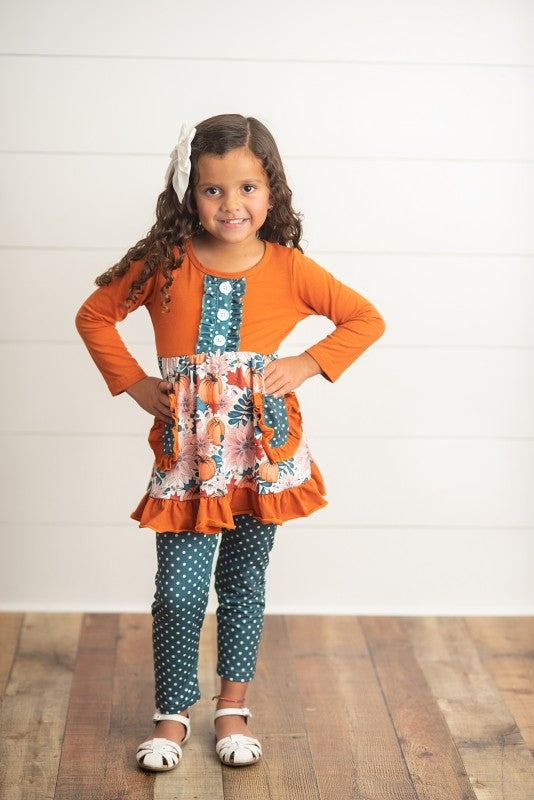 Girls Pumpkin Ruffle Polka Dot Set
