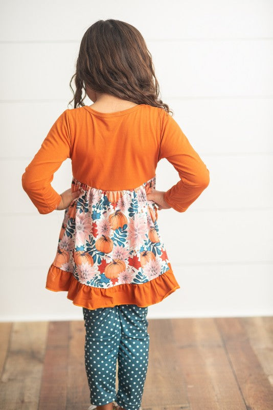 Girls Pumpkin Ruffle Polka Dot Set