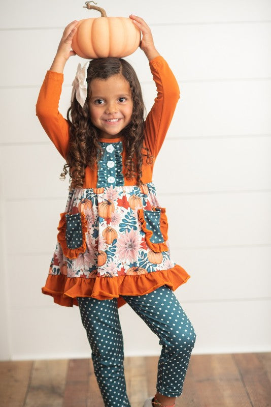 Girls Pumpkin Ruffle Polka Dot Set