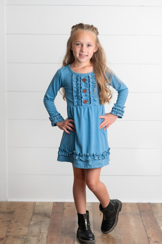 Girls Solid Blue Ruffle Dress