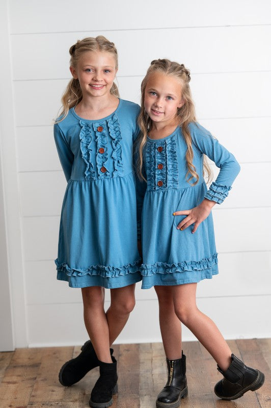 Girls Solid Blue Ruffle Dress