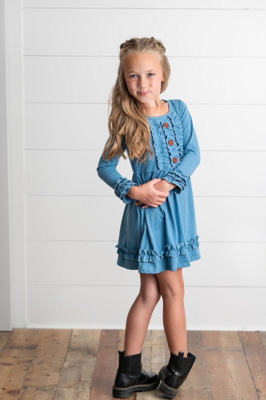 Girls Solid Blue Ruffle Dress