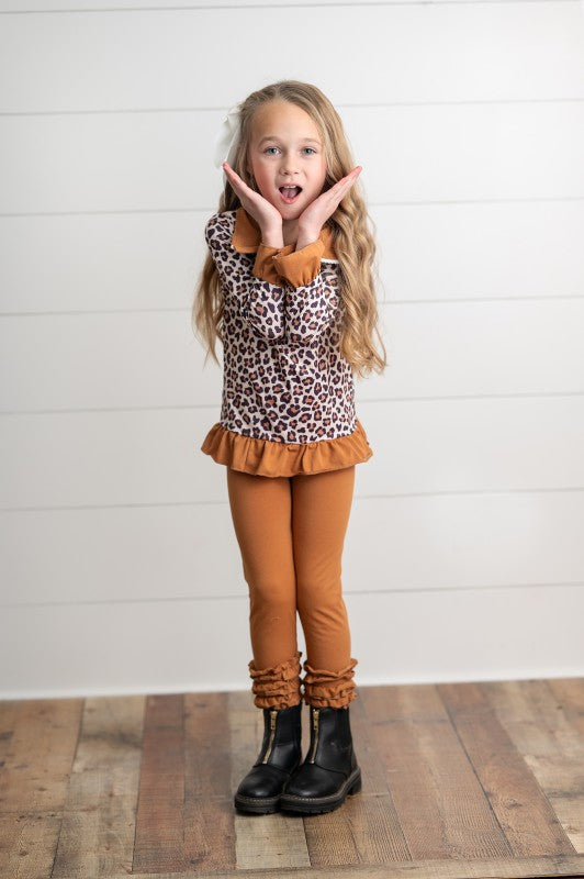 Girls Leopard Ruffle Zip Carmel Set