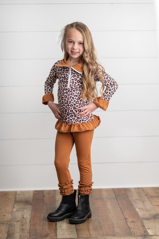 Girls Leopard Ruffle Zip Carmel Set