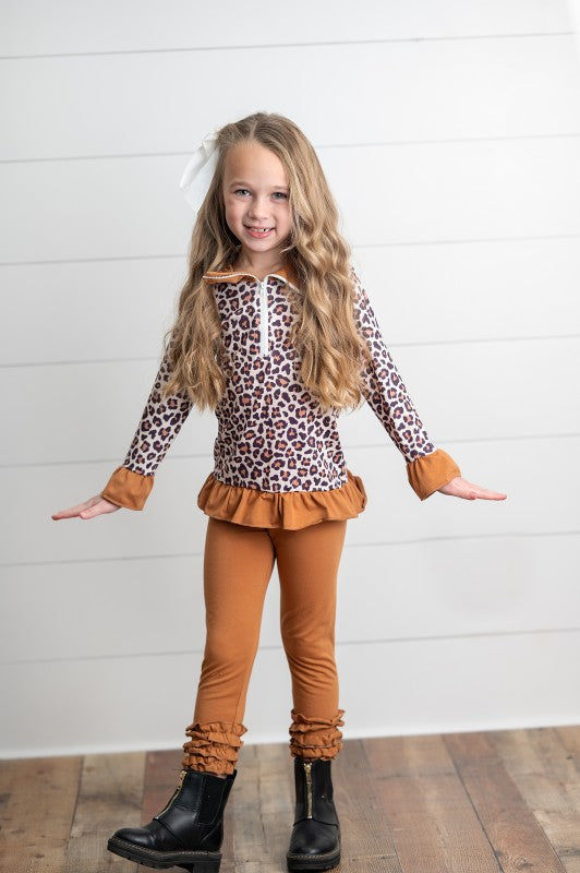 Girls Leopard Ruffle Zip Carmel Set