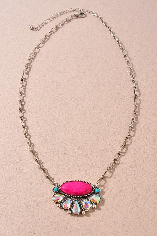Western Oval Stone Rhinestone Pendant Necklace