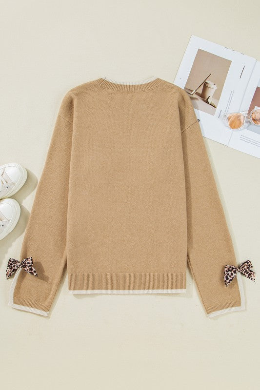 Leopard Bow Split Cuff Sweater