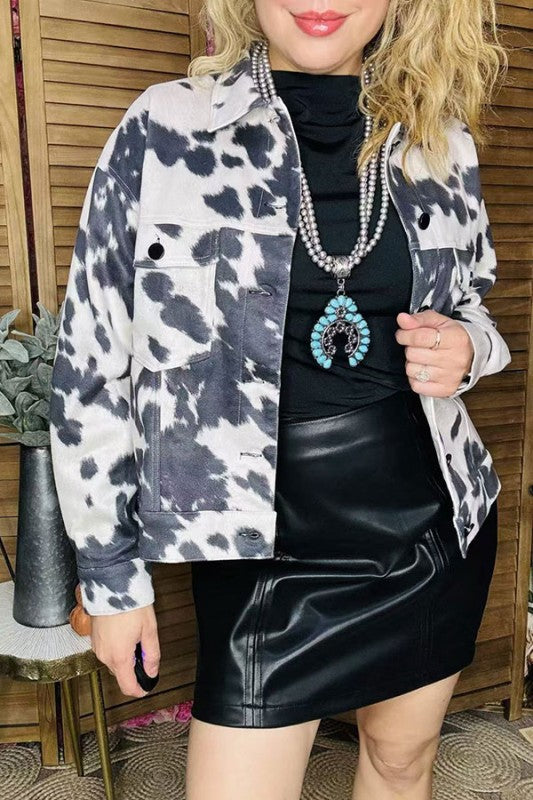 Plus Cow Printed Sleeved Jacket