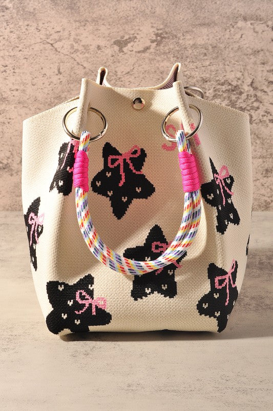 Black Star Pattern and Pink Bow Tote Bag