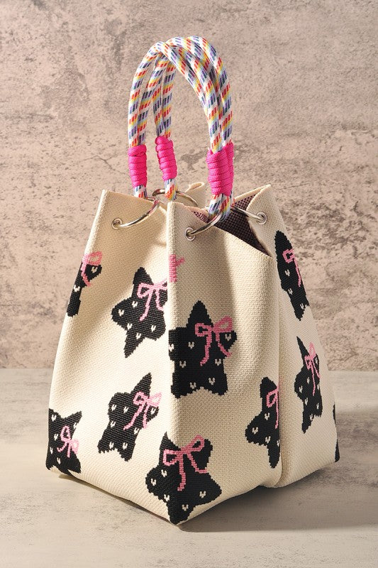 Black Star Pattern and Pink Bow Tote Bag