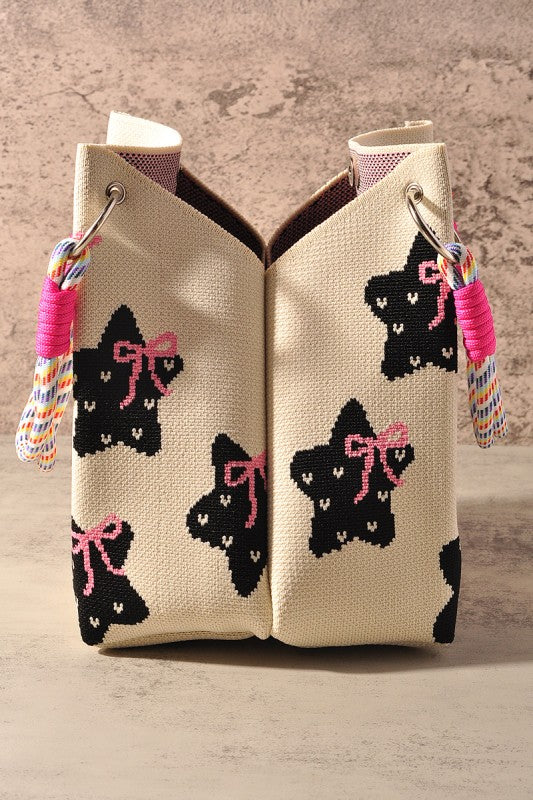 Black Star Pattern and Pink Bow Tote Bag