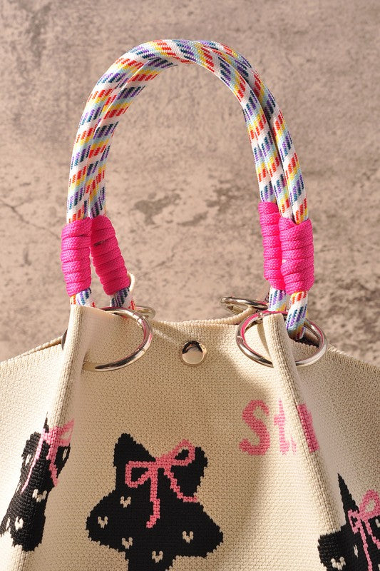Black Star Pattern and Pink Bow Tote Bag