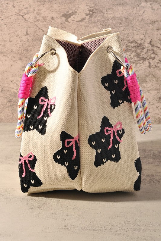 Black Star Pattern and Pink Bow Tote Bag