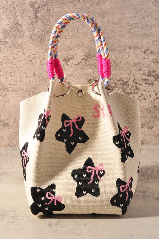 Black Star Pattern and Pink Bow Tote Bag