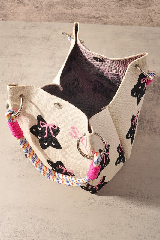 Black Star Pattern and Pink Bow Tote Bag