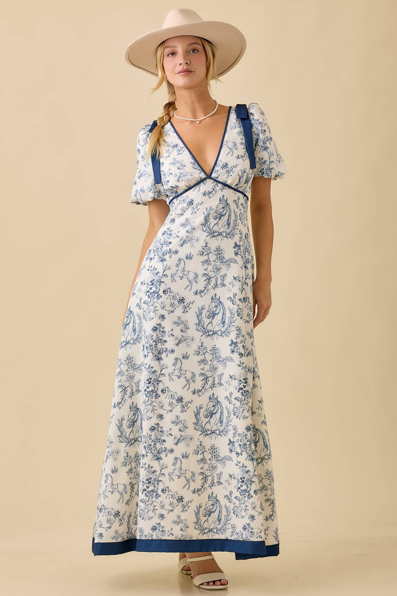 Deep-Neck Maxi Dress With Bubble Sleeve