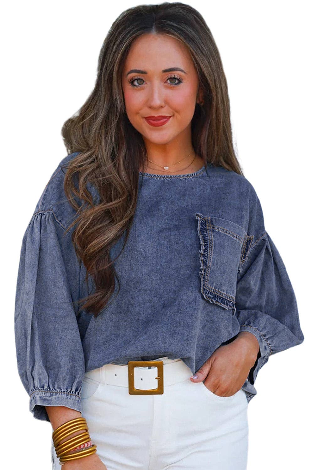 Puff Sleeve Pocket Denim Top