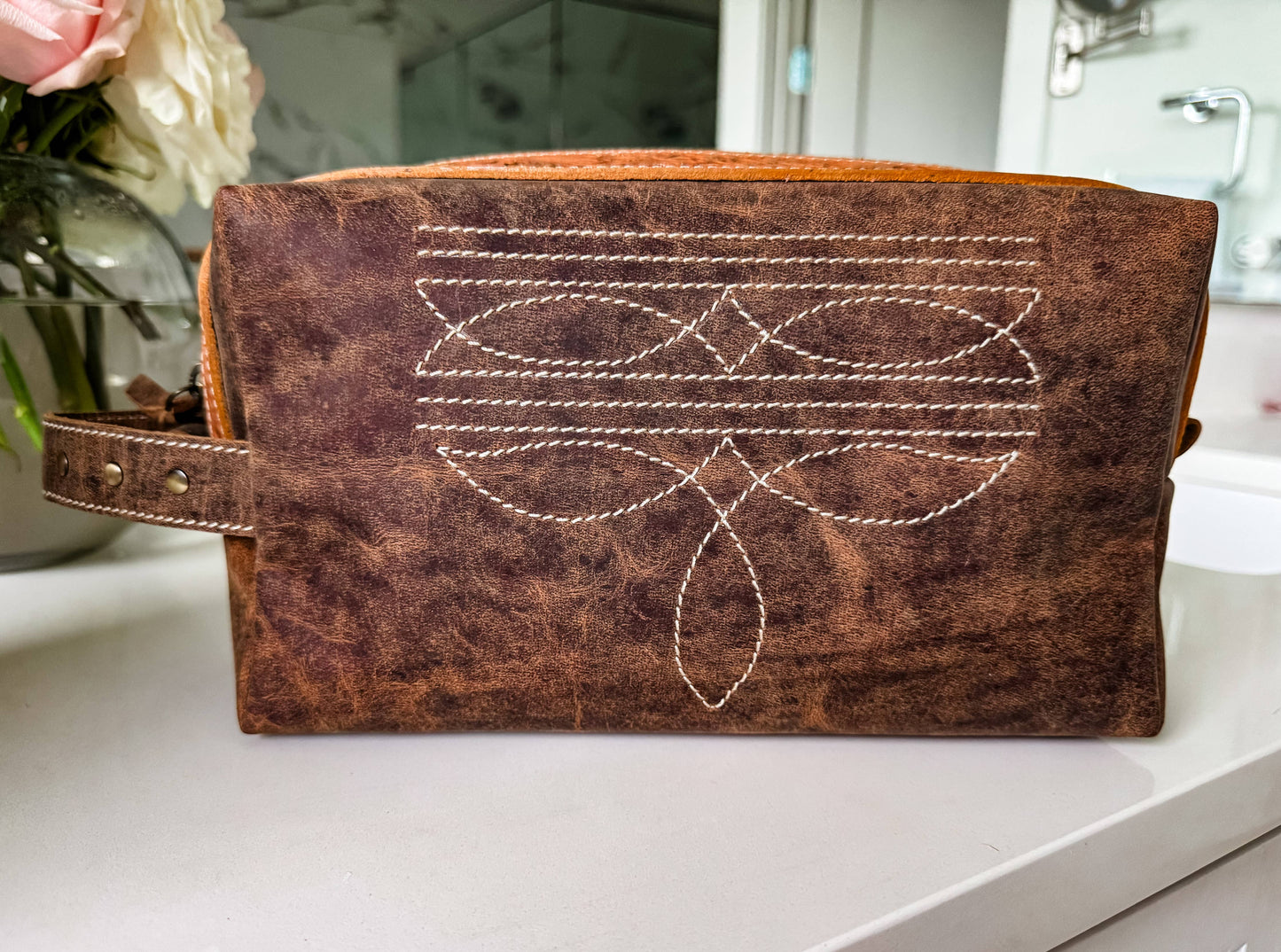 Boot Stitch Handtooled  Leather Toiletry Makeup Shaving Bag