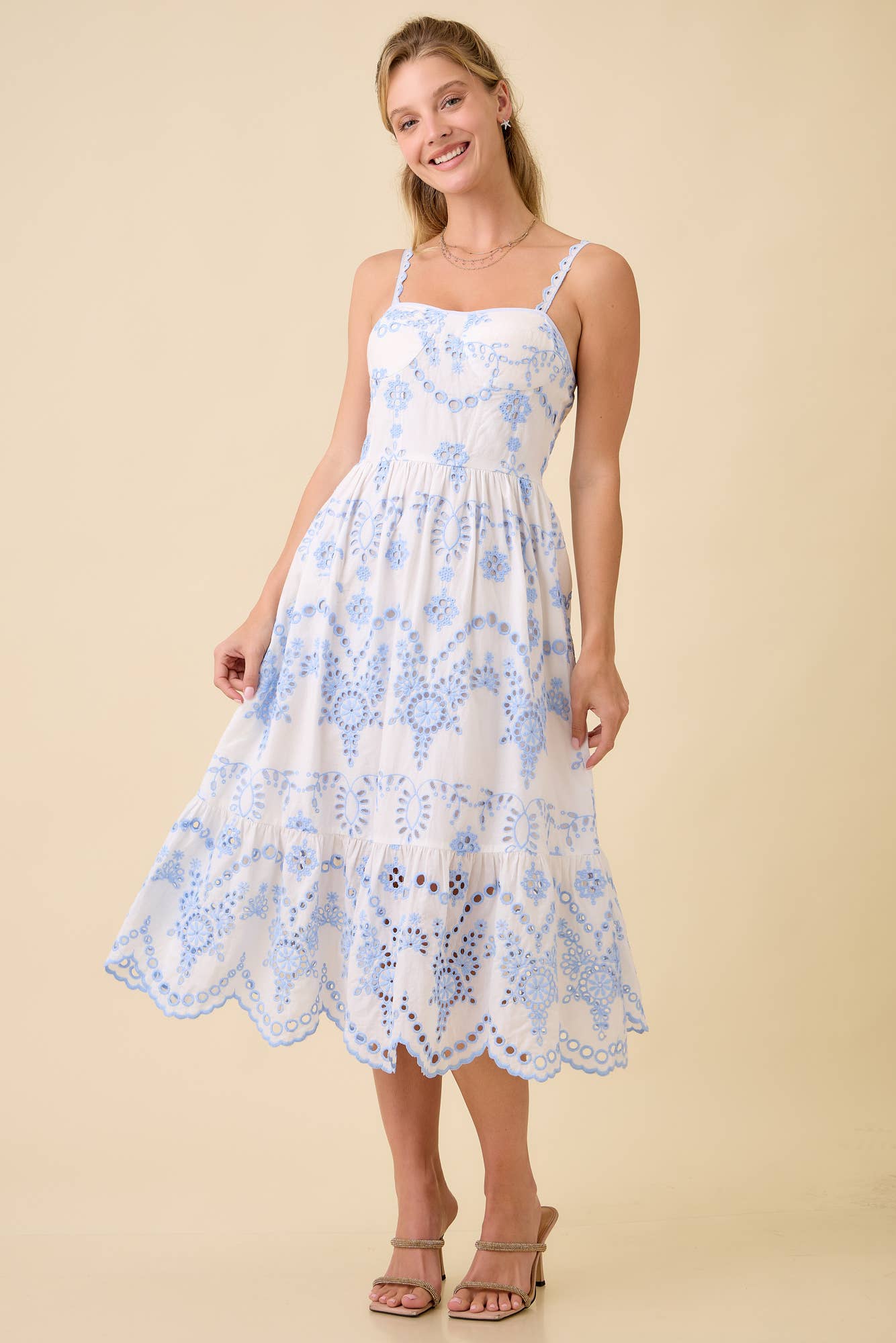Midi Dress with Eyelet Fabric Detail and Scallop Hem