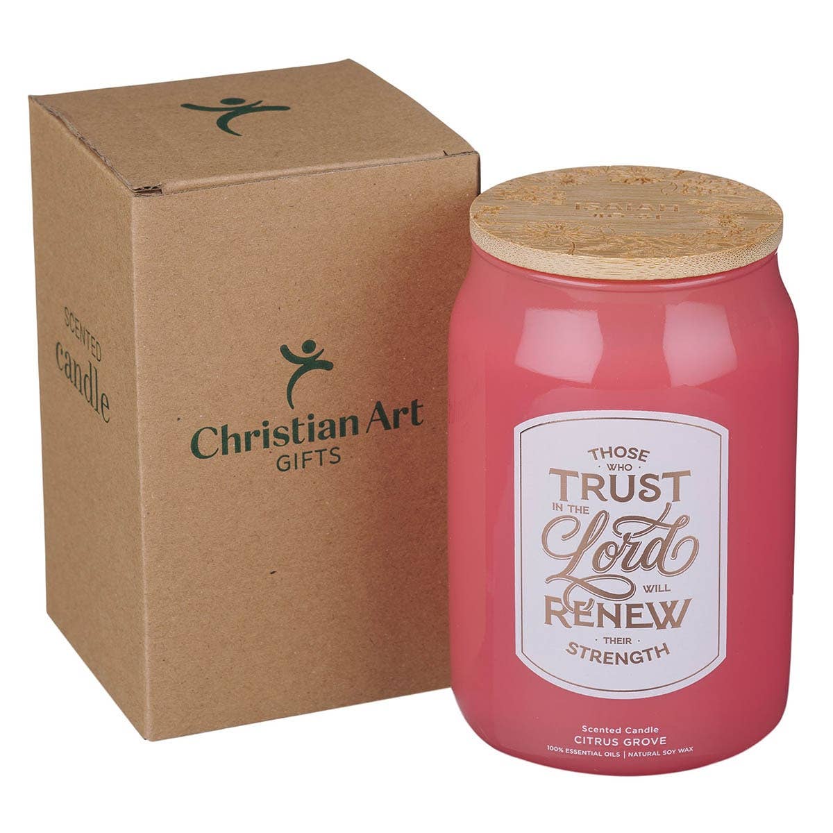 Glass Candle w/Bamboo Lid Those Who Trust Isa 40:31