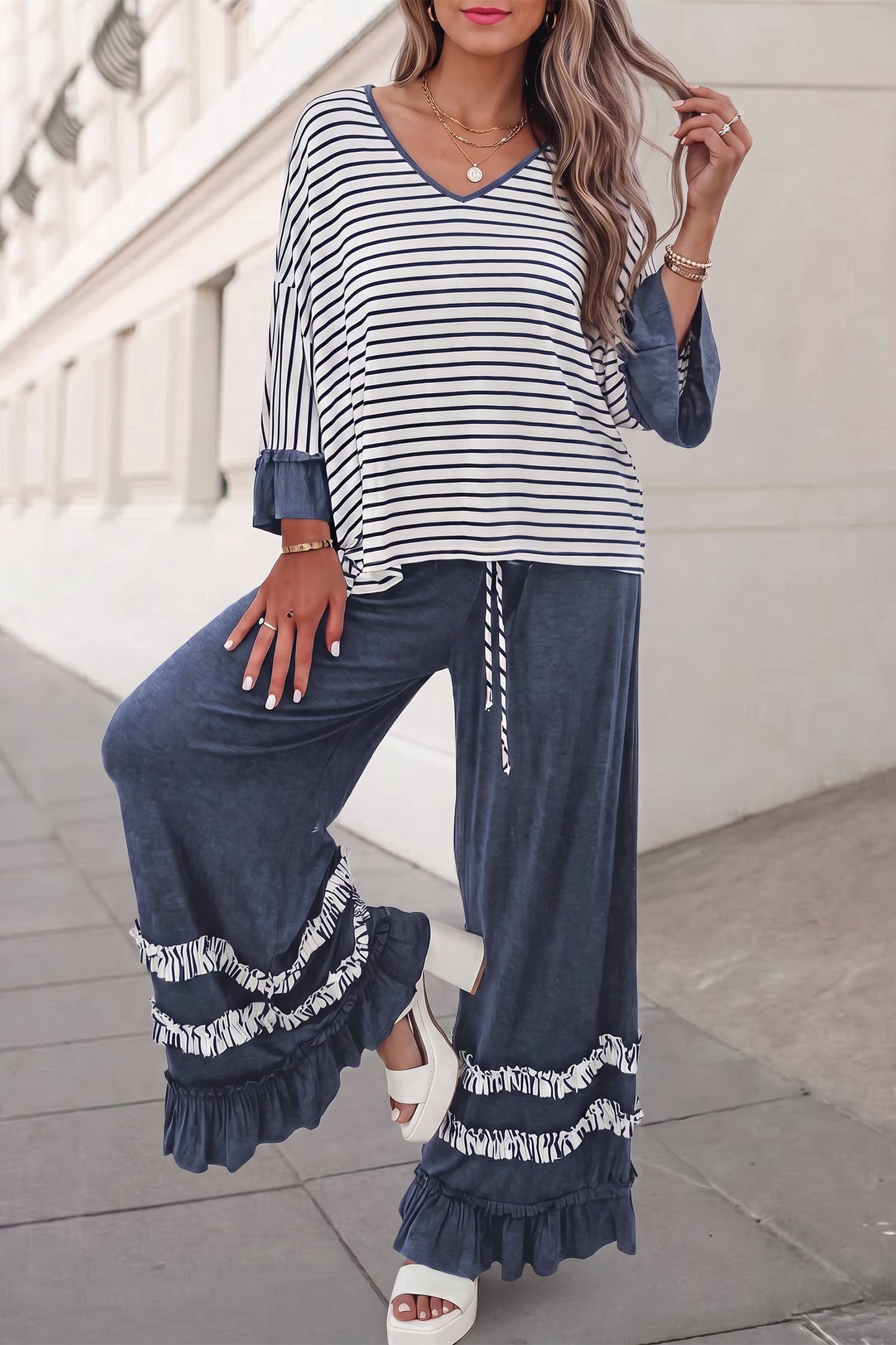Stripes Ruffle 2Pcs Pants Set