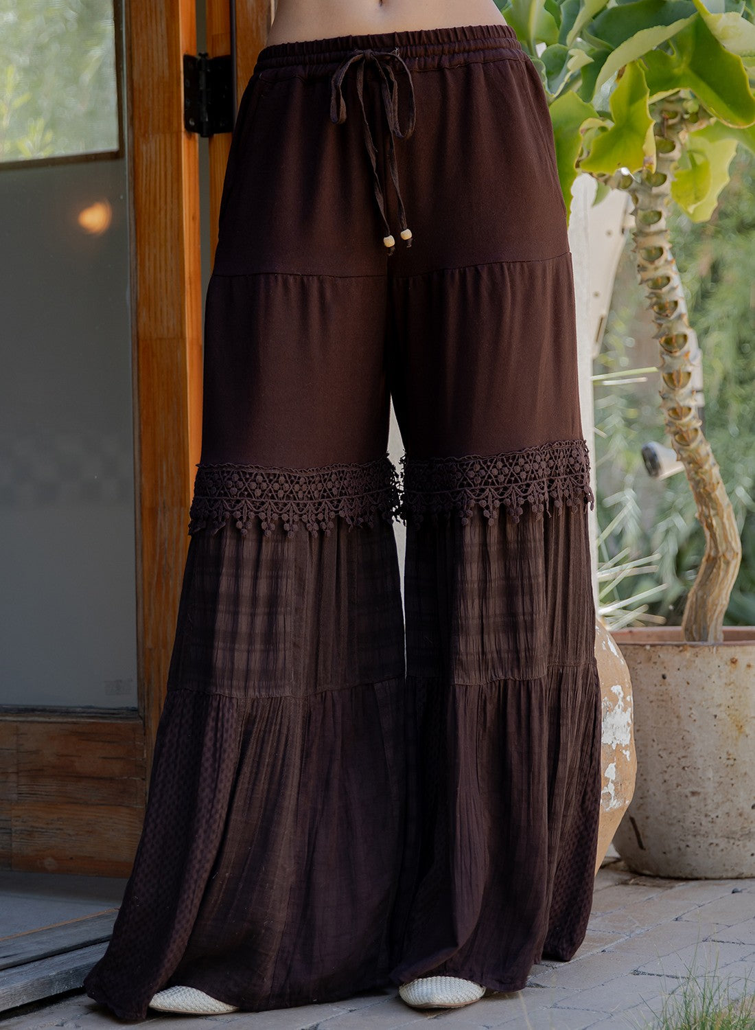 Boho-inspired Long Denim Pants with Solid Patches