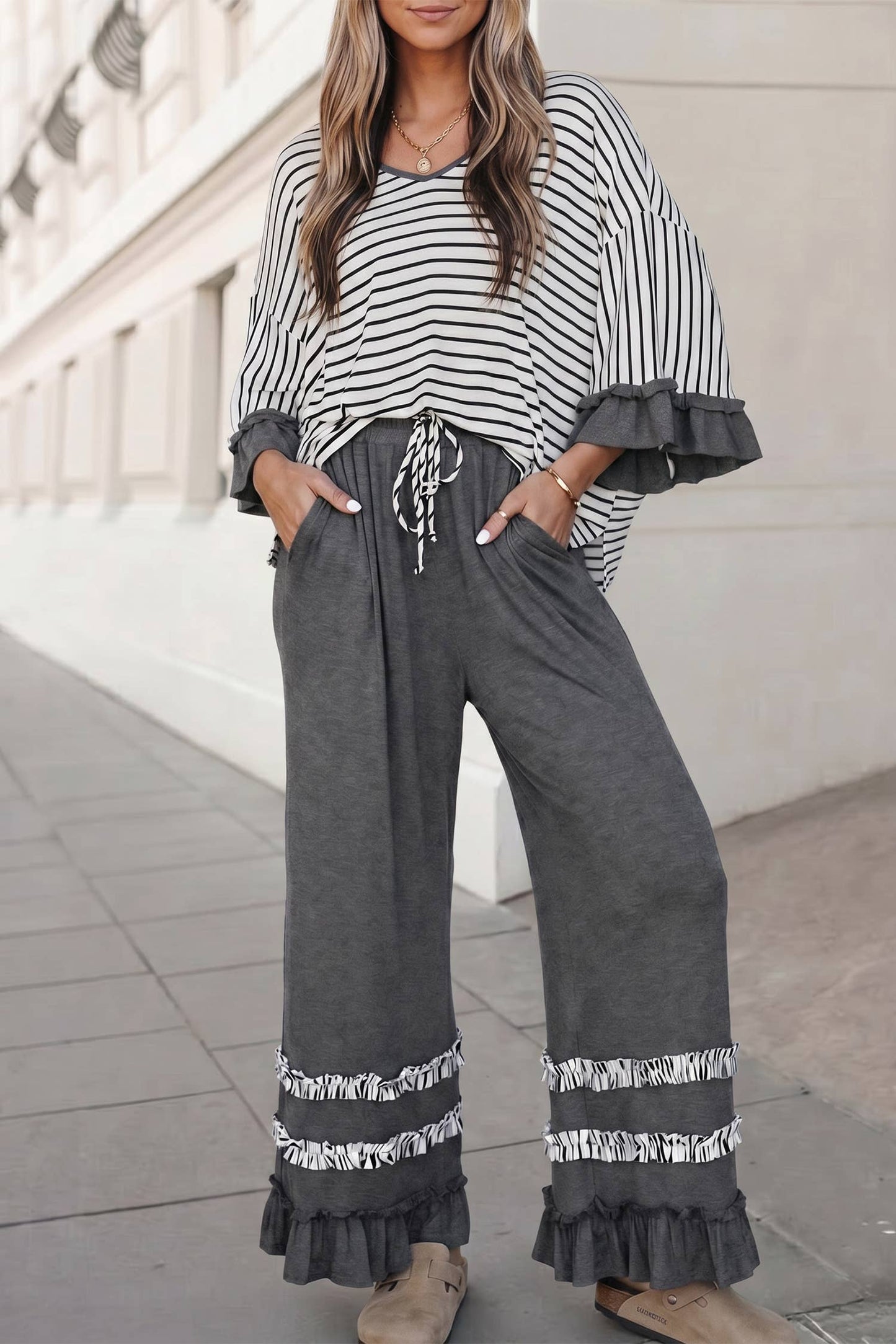 Stripes Ruffle 2Pcs Pants Set