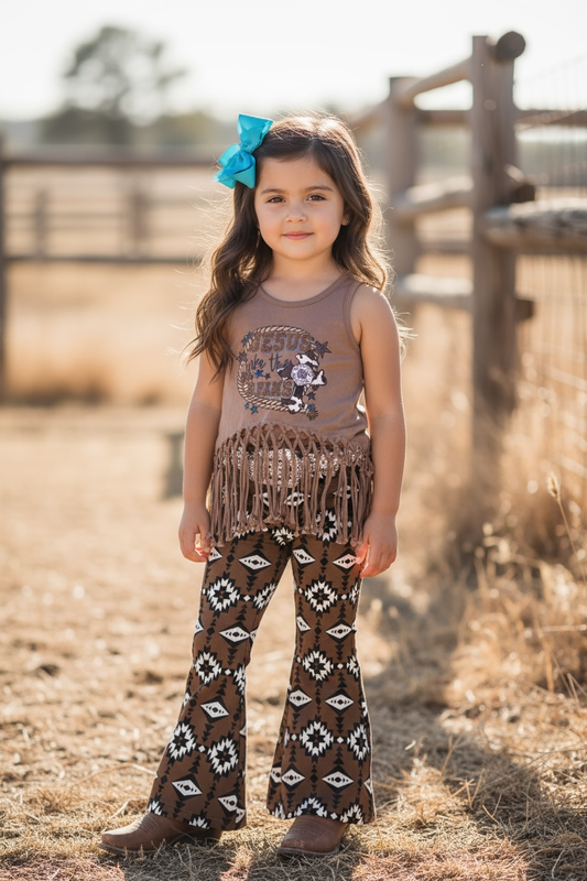 Brown Aztec Bootcut Denim Pants.
