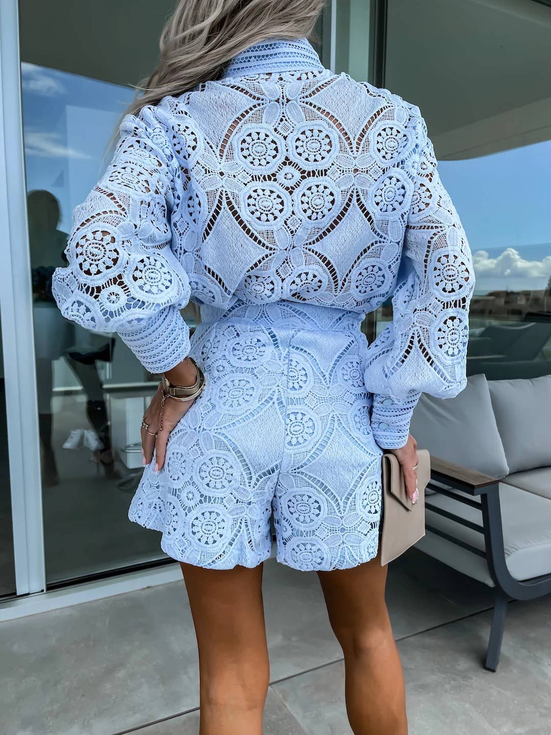 STAND COLLAR LACE SHORTS SUIT