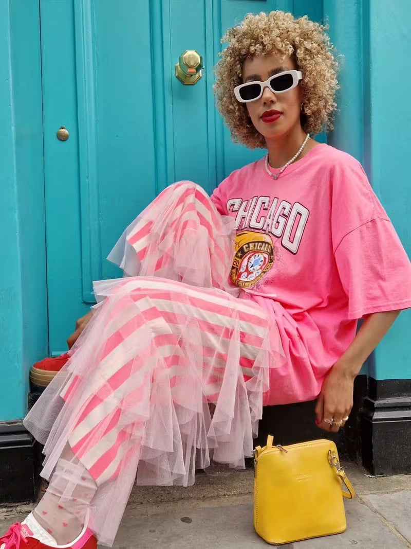 Mesh Ruffled Striped Pants