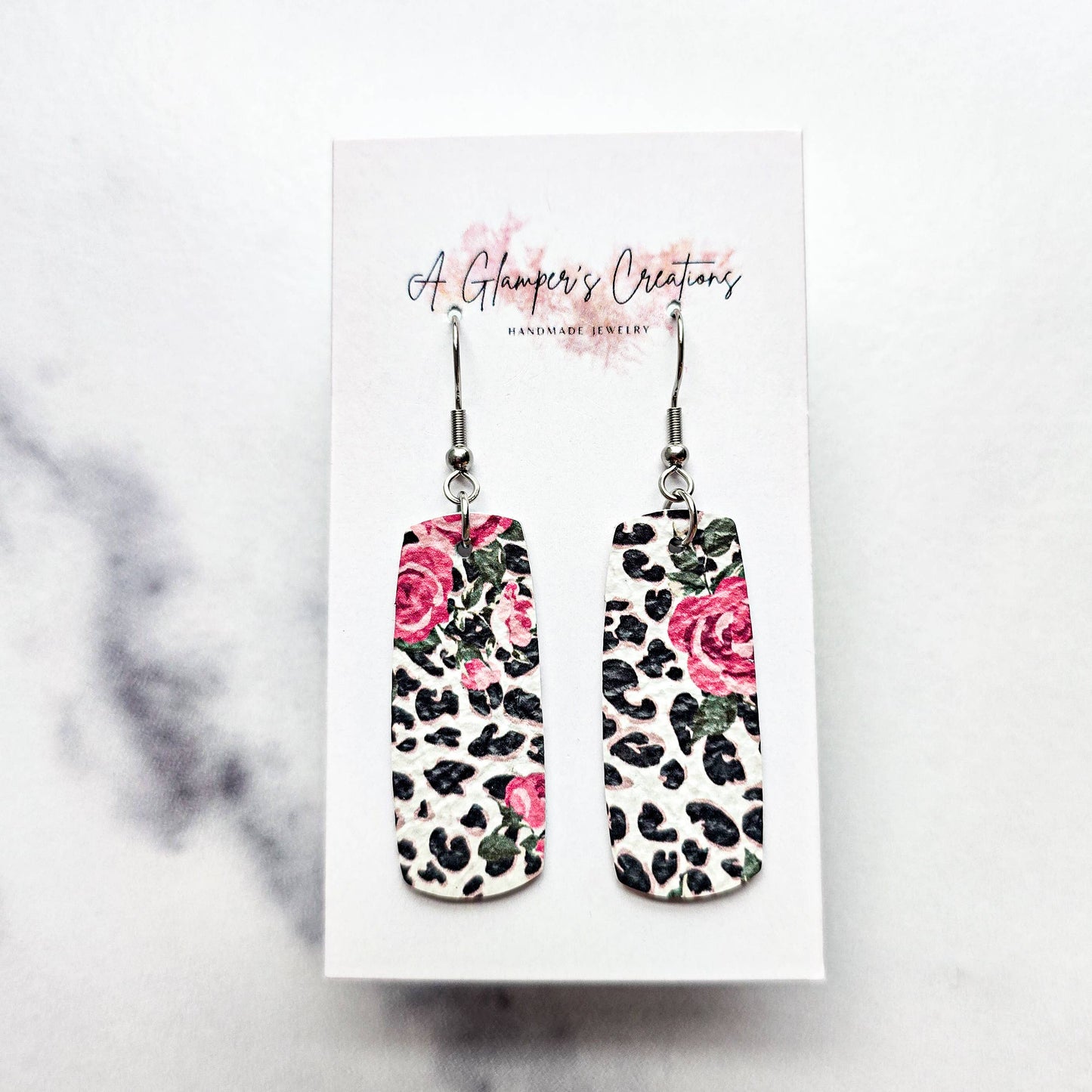 Leopard & Pink Floral Mini Bar Leather Earrings