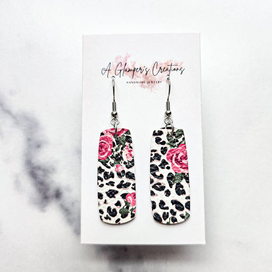 Leopard & Pink Floral Mini Bar Leather Earrings