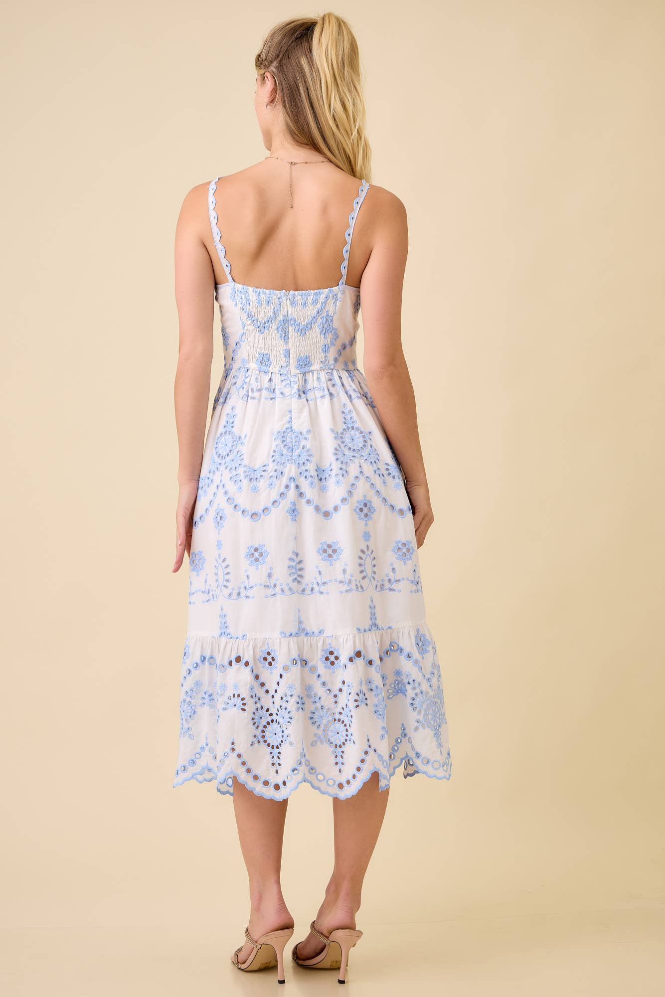 Midi Dress with Eyelet Fabric Detail and Scallop Hem
