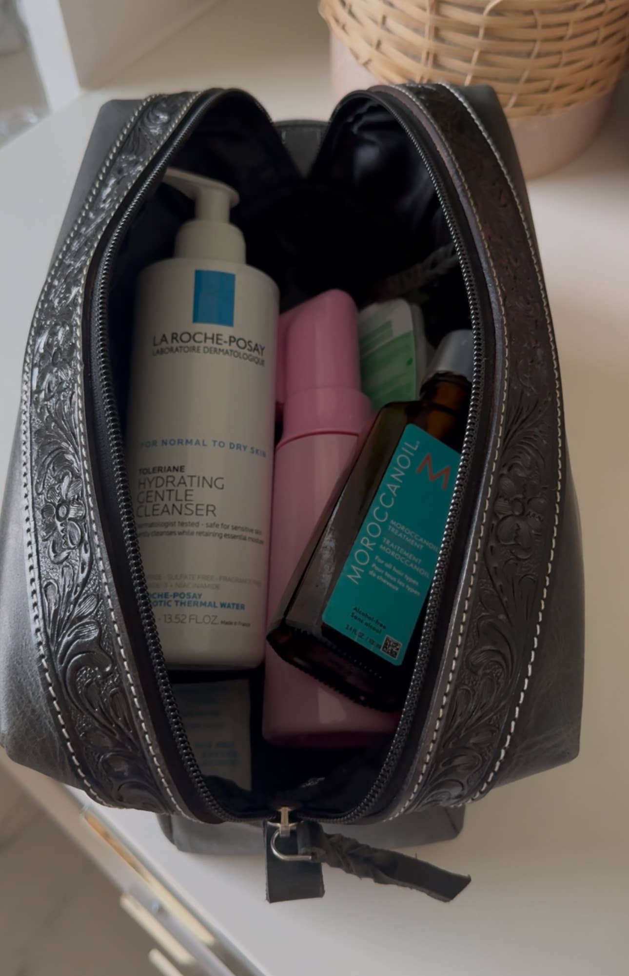 Boot Stitch Handtooled  Leather Toiletry Makeup Shaving Bag