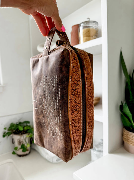 Boot Stitch Handtooled  Leather Toiletry Makeup Shaving Bag