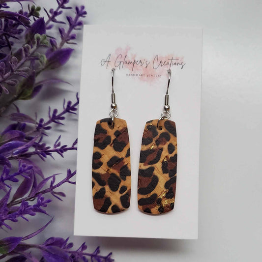 Leopard with Metallic Gold Mini Bar Leather Earrings