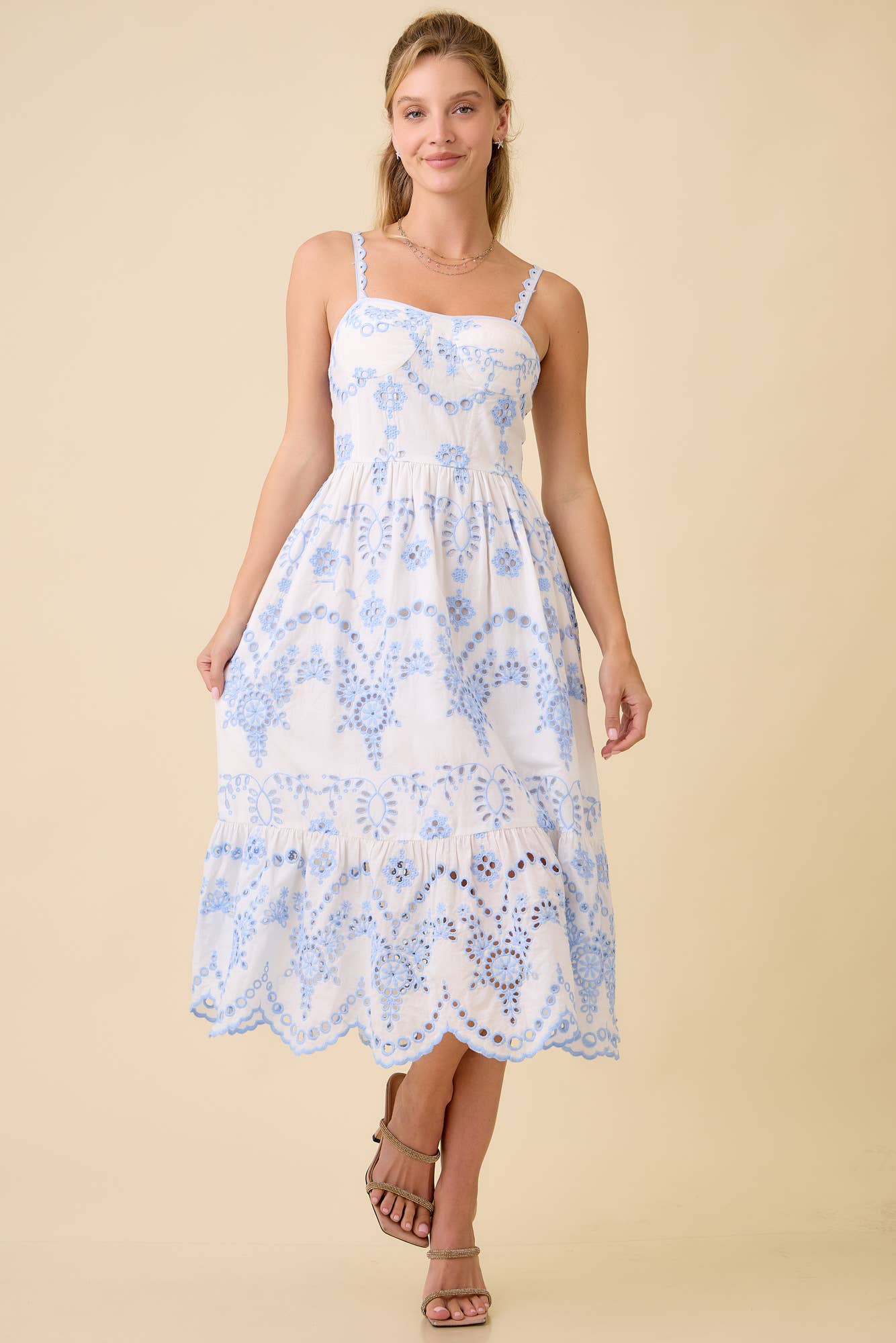Midi Dress with Eyelet Fabric Detail and Scallop Hem
