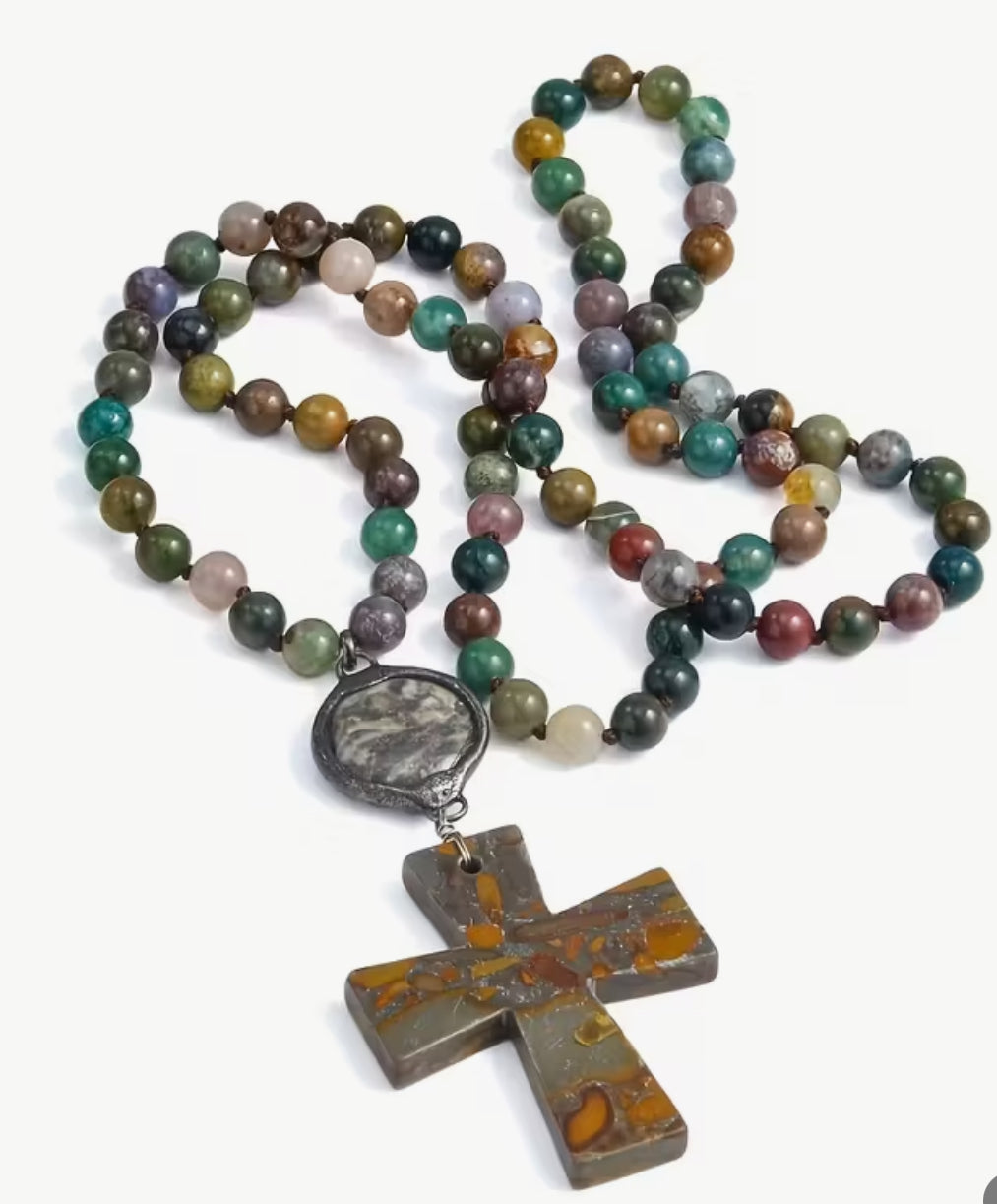 Natural Stone Cross Pendant Necklace 33"