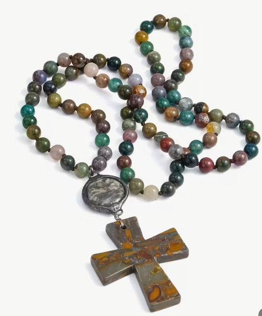 Natural Stone Cross Pendant Necklace 33"