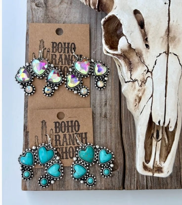Heart Turquoise Stone Squash Blossom Drop Dangle Earrings