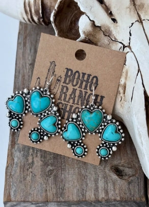 Heart Turquoise Stone Squash Blossom Drop Dangle Earrings