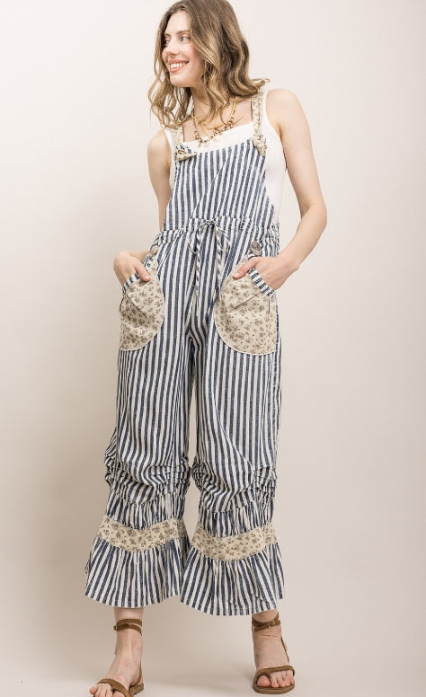 Striped Floral Overalls