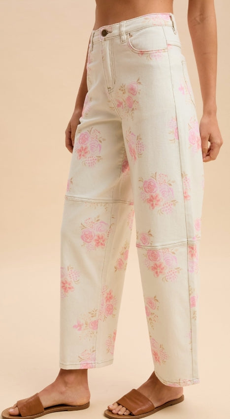 Floral Denim Barrel Pants