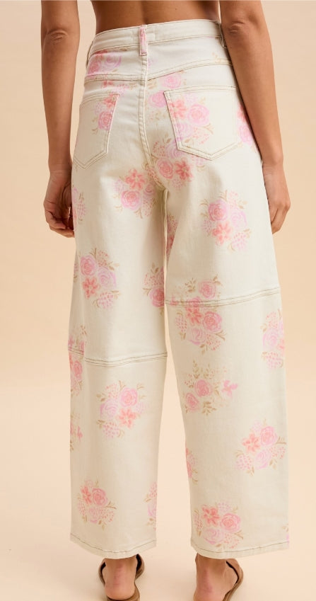 Floral Denim Barrel Pants