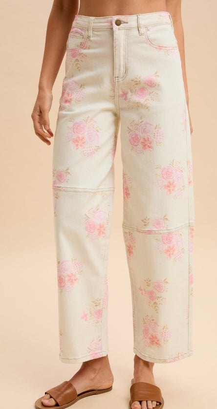 Floral Denim Barrel Pants