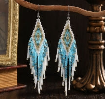 Beaded Earrings Blue-White Tassel